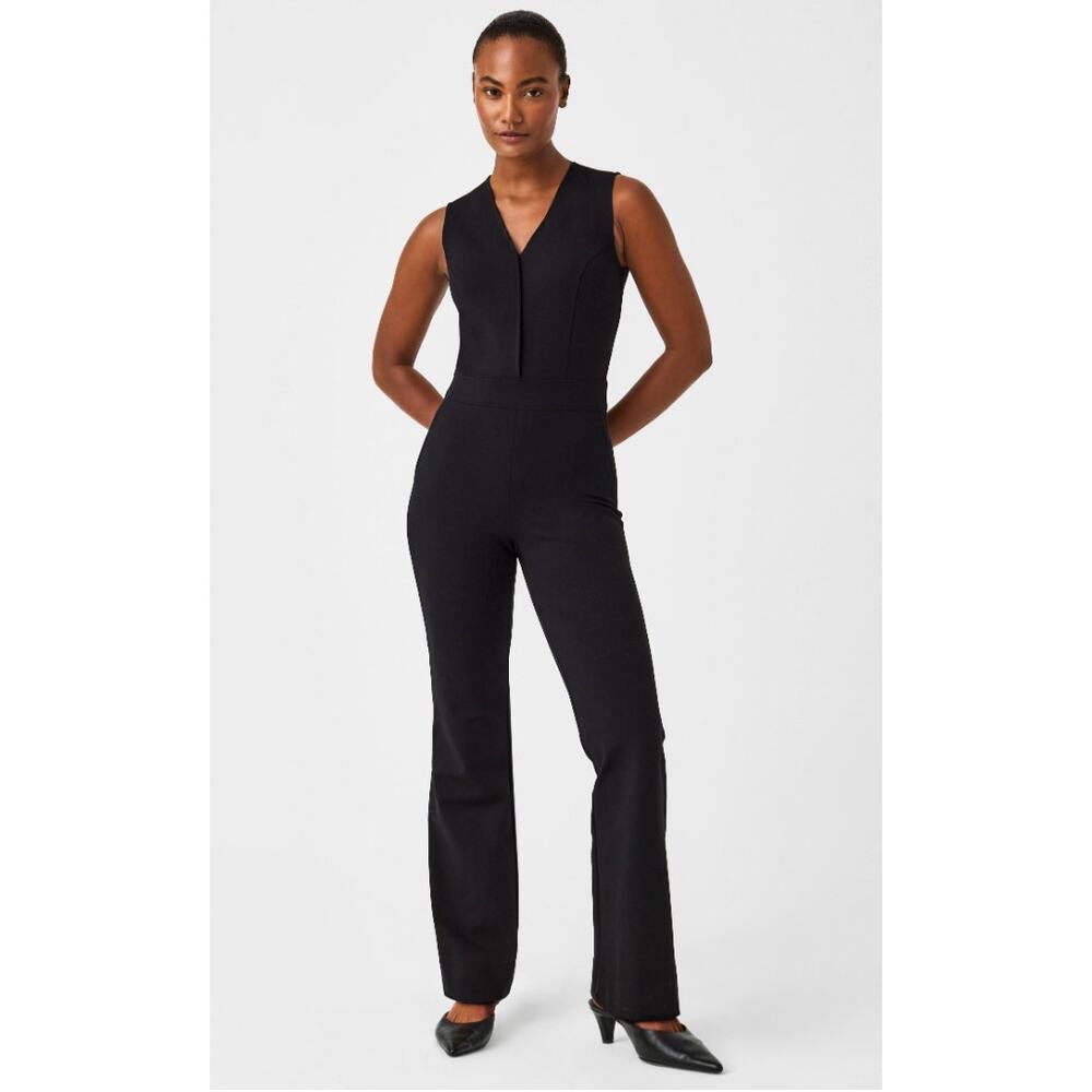 Spanx The Perfect Jumpsuit Flared Sleeveless V Neck Jumpsuit in Black sz. LP